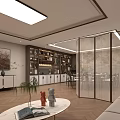Modern Restaurant Interior Design With Glass Partition Decorative Shelves Artwork And Wooden Flooring
