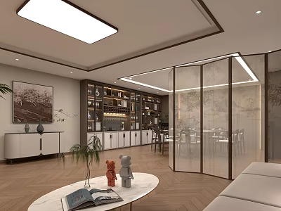 Modern Restaurant Interior Design With Glass Partition Decorative Shelves Artwork And Wooden Flooring 3d model