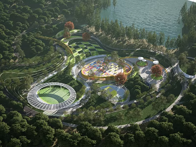 Scenic Kids Play Area Surrounded By Green Trees And Water With Colorful Circular Structures 3d model