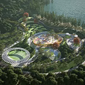 Scenic Kids Play Area Surrounded By Green Trees And Water With Colorful Circular Structures
