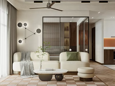 Modern Apartment Living Room With Sofa Coffee Table And Ceiling Fan 3d model