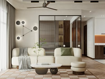 Modern Apartment Living Room With Sofa Coffee Table And Ceiling Fan 3d model