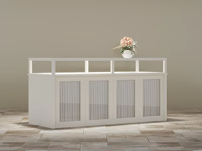 White Kitchen Island Cabinet With Glass Doors And Vase Of Pink Flowers On Wooden Floor 3d model