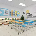 School Cultural Center with Glass Doors Green Sofa Yellow Chairs and Display Posters