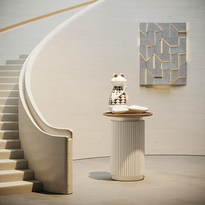 Frog Sculpture Carving On Cylindrical Pedestal With Geometric Wall Art And White Curved Staircase 3d model