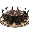 Traditional Wooden Dining Table Set With Round Table Eight Chairs Tableware And Circular Floor Design 3d model