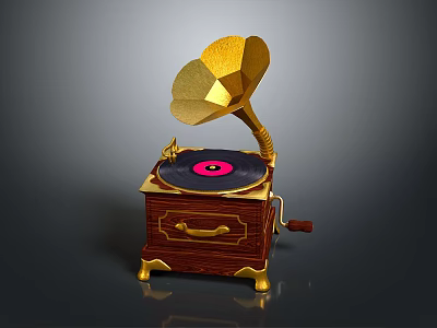 Vintage Gramophone With Golden Horn Wooden Base Black Record And Pink Center 3d model