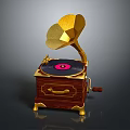 Vintage Gramophone With Golden Horn Wooden Base Black Record And Pink Center
