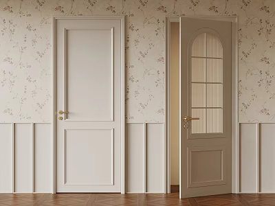 White and Glass Panel Doors in Interior with Floral Wallpaper Wooden Floor and Paneled Walls 3d model