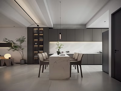 Modern Open Living and Dining Area With Marble Dining Table Grey Cabinets And Pendant Lights 3d model