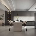 Modern Open Living and Dining Area With Marble Dining Table Grey Cabinets And Pendant Lights