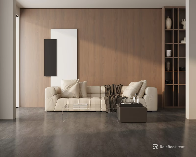 Modern Beige Three Seater Sofa With Pillows Blanket Glass Coffee Table Wooden Wall 3d model 