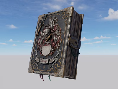 Antique Decorative Book With Leather Cover Intricate Badge Design Metal Clasp And Blue Sky Background 3d model