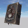 Antique Decorative Book With Leather Cover Intricate Badge Design Metal Clasp And Blue Sky Background