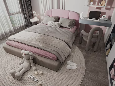 Cozy Pink Gray Kids Bed with Stuffed Rabbit Toy Desk and Lamp 3d model