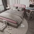 Cozy Pink Gray Kids Bed with Stuffed Rabbit Toy Desk and Lamp