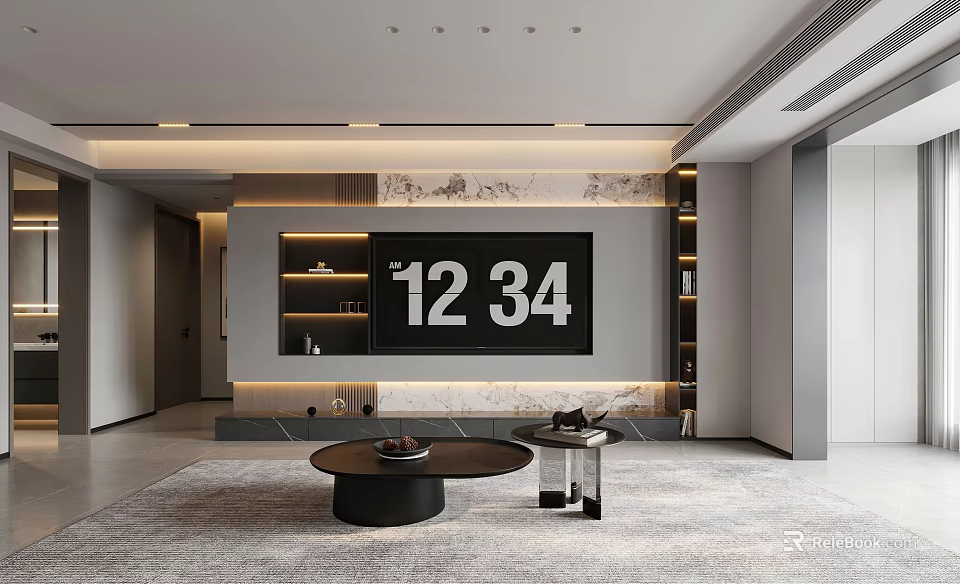 Modern Living Dining Room Interior With Large Screen Round Coffee Table Rug And Wall Decor 3d model 