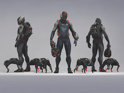 Three Futuristic Armored Characters With Mechanical Creature Companions In Black Red Tech Suits 3d model