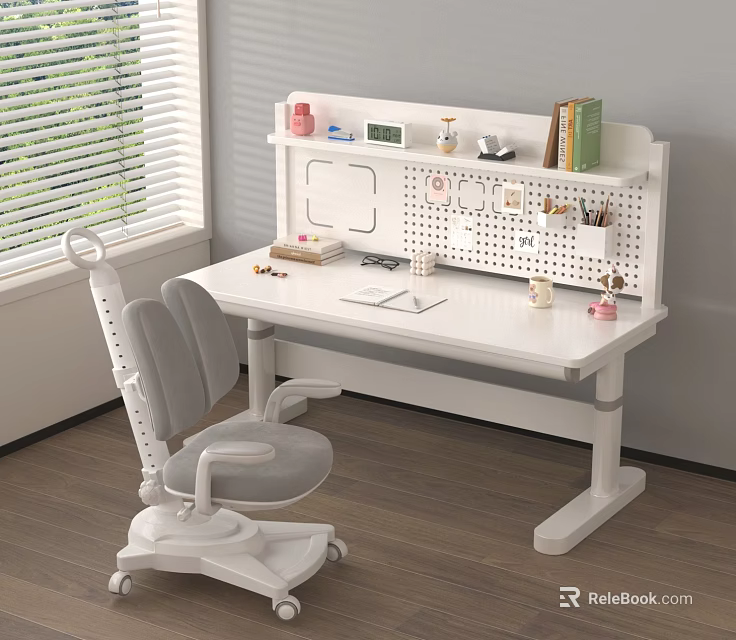 White Kids Desk With Ergonomic Chair Wall Mounted Pegboard Shelf For Study Stationery And Books 3d model 