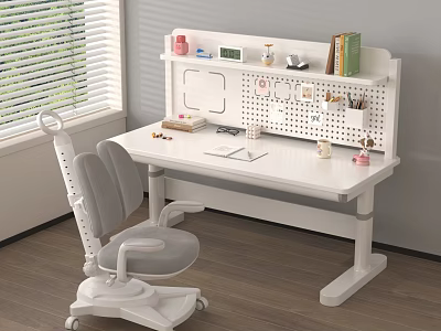 White Kids Desk With Ergonomic Chair Wall Mounted Pegboard Shelf For Study Stationery And Books 3d model