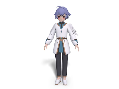 Anime Style Woman With Purple Hair In Traditional White Blue Robe And Black Pants 3d model