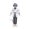 Anime Style Woman With Purple Hair In Traditional White Blue Robe And Black Pants