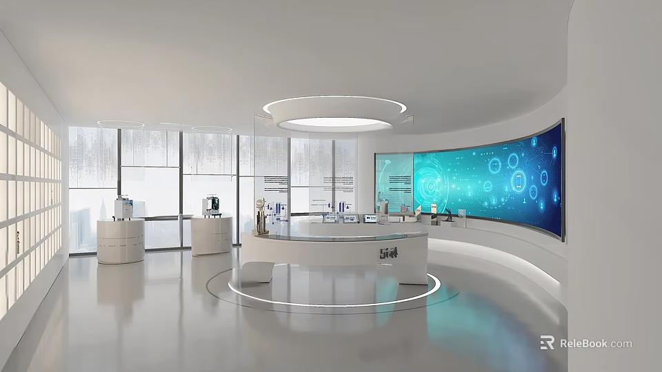 Modern Exhibition Hall Interior With Circular Display Counter Large Screen And Product Displays 3d model 