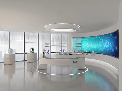 Modern Exhibition Hall Interior With Circular Display Counter Large Screen And Product Displays 3d model