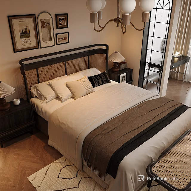 Cozy Bedroom Interior With Rattan Headboard White Bed Sheets Brown Blanket And Wall Paintings 3d model 
