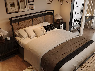 Cozy Bedroom Interior With Rattan Headboard White Bed Sheets Brown Blanket And Wall Paintings 3d model