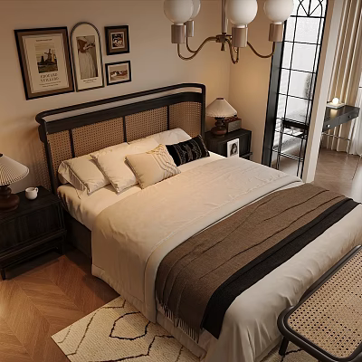 Cozy Bedroom Interior With Rattan Headboard White Bed Sheets Brown Blanket And Wall Paintings 3d model