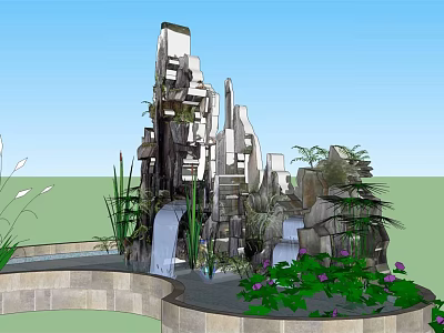 Garden Ornament With Rockery Structure Flowing Waterfall Green Plants And Circular Stone Platform 3d model