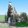 Garden Ornament With Rockery Structure Flowing Waterfall Green Plants And Circular Stone Platform