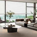 Modern Living and Dining Room Interior With Large Windows Blinds Sofa Dining Table And Plants