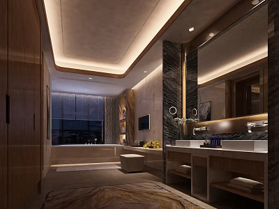 Luxurious Hotel Guest Room Bathroom With Marble Vanity Large Mirror Bathtub And Wooden Cabinetry 3d model