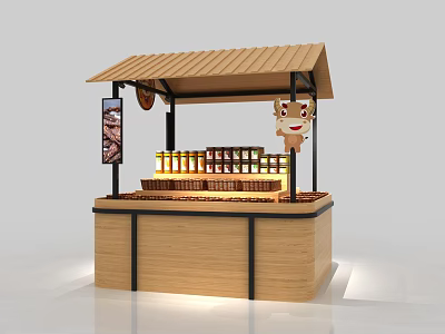 Wooden Street Kiosk With Sloped Roof Counter Lighting Signboard And Cartoon Decoration 3d model