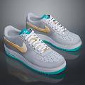 Gray Sports Shoes With Gold Side Accents White Laces And Teal Soles