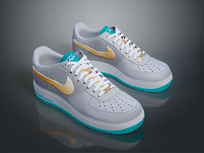 Gray Sports Shoes With Gold Side Accents White Laces And Teal Soles 3d model