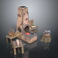 Rustic Workshop Scene Components With Stone Fireplace Wooden Tables Spinning Wheel And Tools