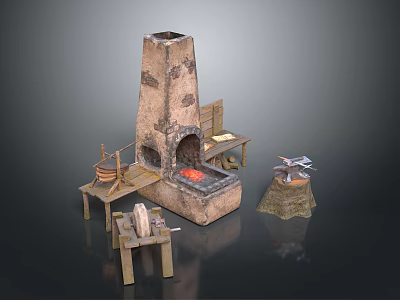 Rustic Workshop Scene Components With Stone Fireplace Wooden Tables Spinning Wheel And Tools 3d model