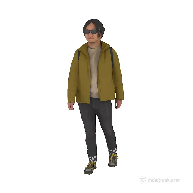 Man Wearing Olive Hooded Jacket Light Gray Top Black Jeans And Hiking Boots 3d model 