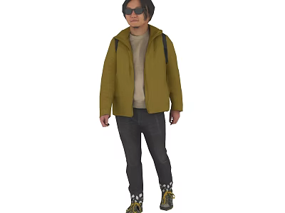 Man Wearing Olive Hooded Jacket Light Gray Top Black Jeans And Hiking Boots 3d model