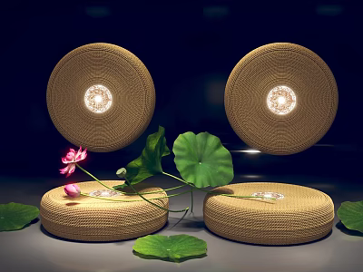 Woven Round Cushions With Lights And Lotus Flower Leaves Decor 3d model