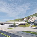 Modern School Campus Building Design With Green Hills Blue Sky And Open Plaza Area