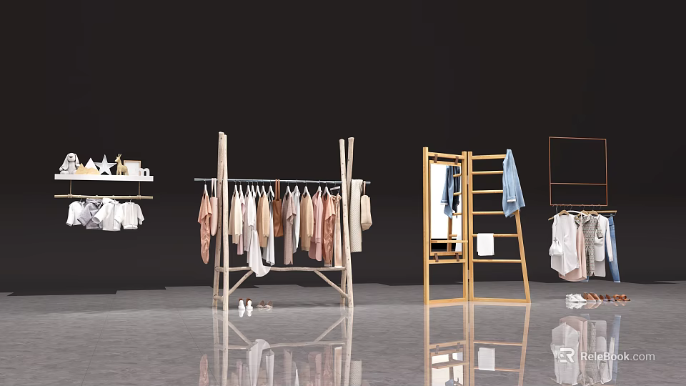 Wooden Clothes Racks With Hanging Clothes In Modern Clothing Store Display Area 3d model 