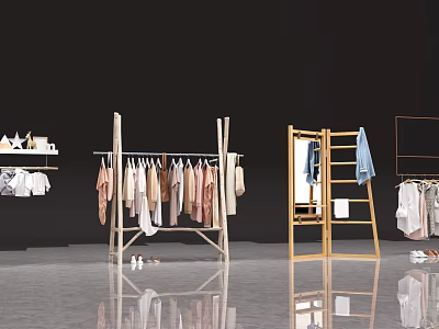 Wooden Clothes Racks With Hanging Clothes In Modern Clothing Store Display Area 3d model