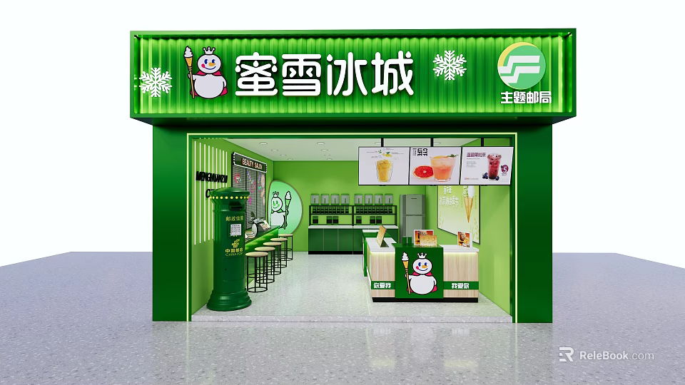 Green Bubble Tea Shop Interior With Snowman Logo Drink Menu And Seating Area 3d model 