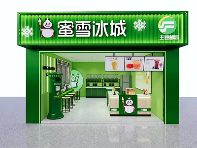 Green Bubble Tea Shop Interior With Snowman Logo Drink Menu And Seating Area 3d model