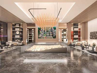 Modern Sales Office Interior Featuring Marble Floor Wooden Chandelier Display Platform And Bookshelves 3d model
