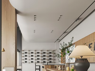 Modern Café Interior With Wooden Accents White Walls Ceiling Lights And Green Plants 3d model